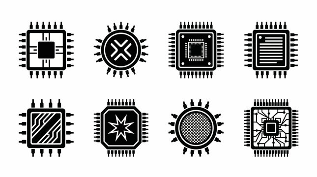 Microchip icons collection showing processor integrated circuit variations silhouette illustration electronic component design concept
