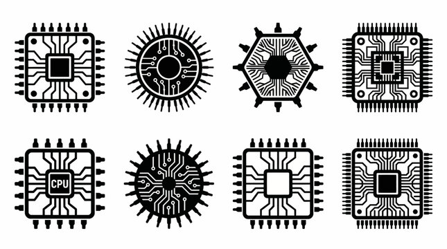 Microchip icons collection showing processor integrated circuit variations silhouette illustration electronic component design concept