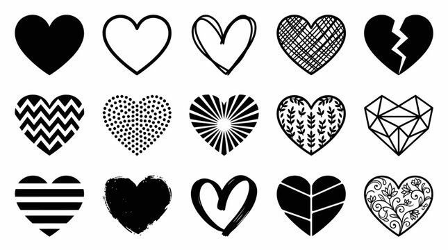 Heart icons collection showing solid outline striped dashed pixel arrow geometric decorative silhouette illustration love design concept