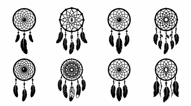 Dreamcatcher icons collection showing circular web feather variations silhouette illustration cultural protection design concept