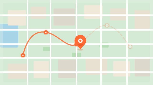 Animated travel route map showing a red GPS location pin moving along a dashed line through a city grid.