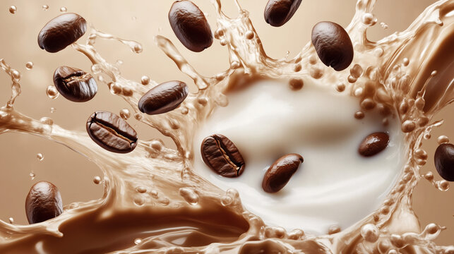 Coffee beans splashing in creamy liquid.
