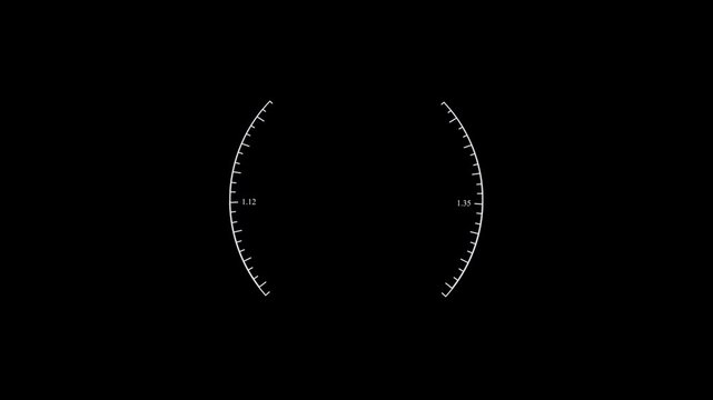 A simple white circular gauge with tick marks and numeric labels, presented on a dark, near-black screen
