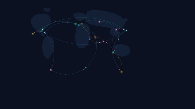 Animated global network connections on dark world map showing luminous data points and curved lines representing international business and communication.