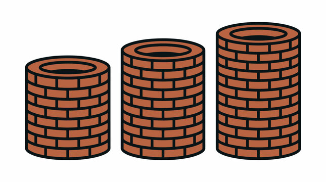 Three cylindrical brick structures progression illustration showing height comparison construction stages hollow tube design architectural concept masonry building visualization