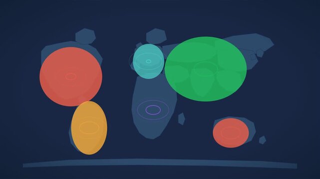 Dynamic world map infographic using colorful circles and rings to visualize data across continents for business presentations and analytics.