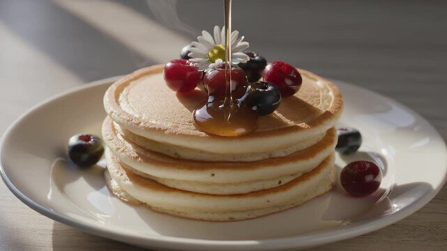 Delicious stack of pancakes with fresh berries and a drizzle of syrup, perfect for Mother's Day breakfast