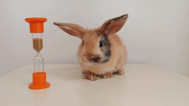 Cute orange rabbit and hourglass, life changes, Holiday easter concept.