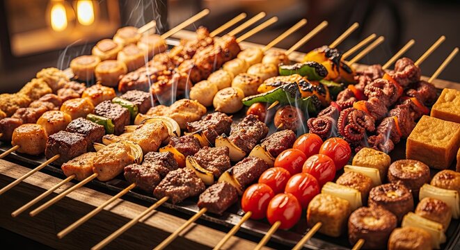 Assorted Grilled Meat and Vegetable Skewers on a Smoking Barbecue Grill
