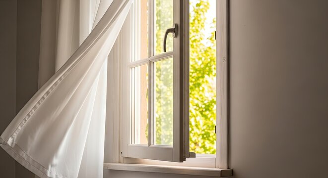 Open Window with White Curtains Blowing in the Wind and Sunny Green Garden View
