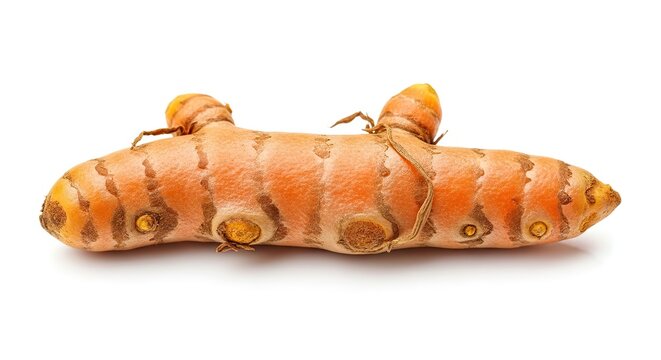 Single fresh turmeric root (Curcuma longa) isolated on a white background, representing healthy spice and herbal medicine.