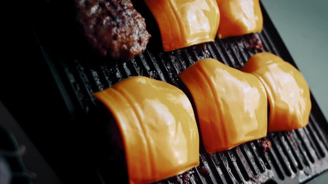 Adding cheese slices to burger patties after removing the packaging