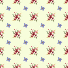 Seamless pattern with flowers and leaves, repeating paper, background. Floral backdrop for textile, fabric, wallpaper. Hand drawing..