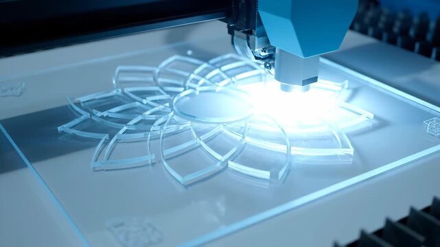 Laser cutting machine carving flower pattern in acrylic sheet with bright laser.