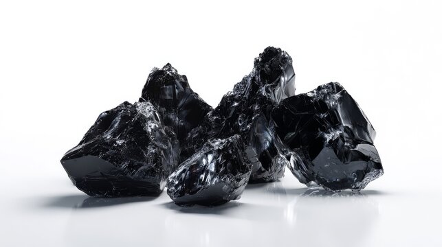 Smooth matte black obsidian fragments arranged with sharp edges reflecting light on a clean surface