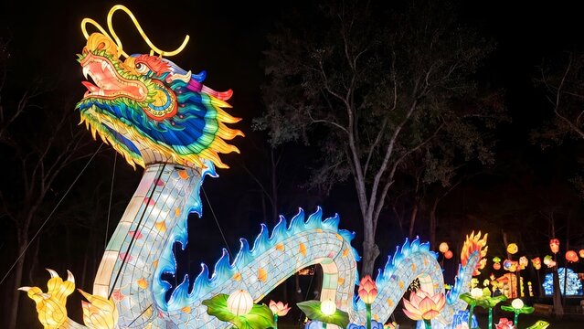 A colorful dragon lantern display at night in a park or festival setting with trees and other illuminated decorations