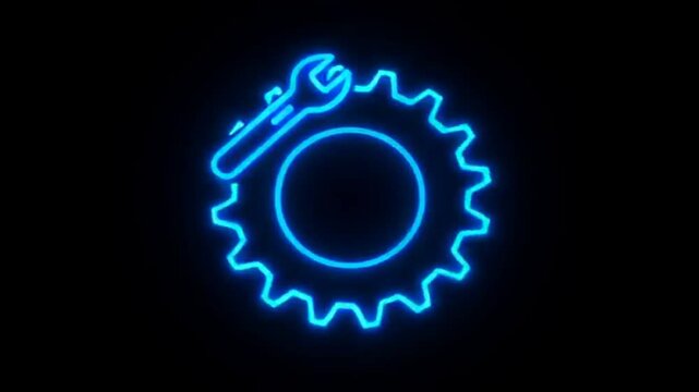 blue neon line settings icon animation. with gear and wrench on black background for web applications and technical concepts. animation