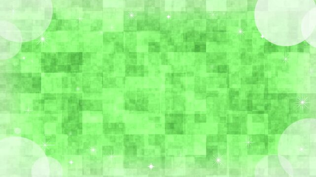Landscape 4K abstract green background with sparkling stars, white particles and checkered pattern, 10s seamless loop.