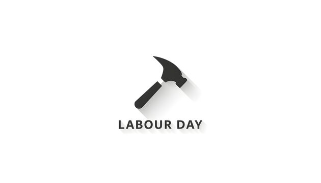 A Labour Day graphic design featuring a hammer and text on a white background
