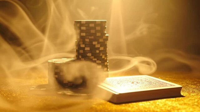 Poker chips and playing cards arranged on a golden background with smoke, creating a casino atmosphere.