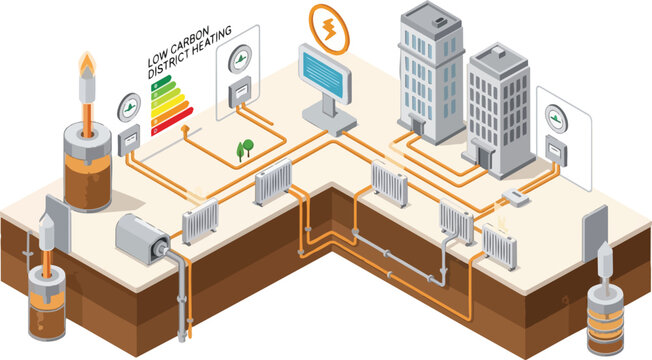 Low Carbon District Heating Isometric 3D Diagram Showing Geothermal Energy, Piping, and Building HVAC Systems for Sustainable Urban Living