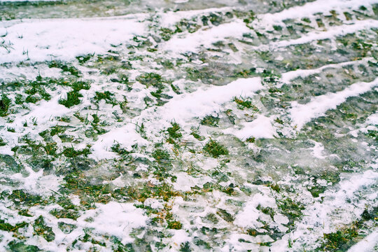 Melting snow covering ground with green grass