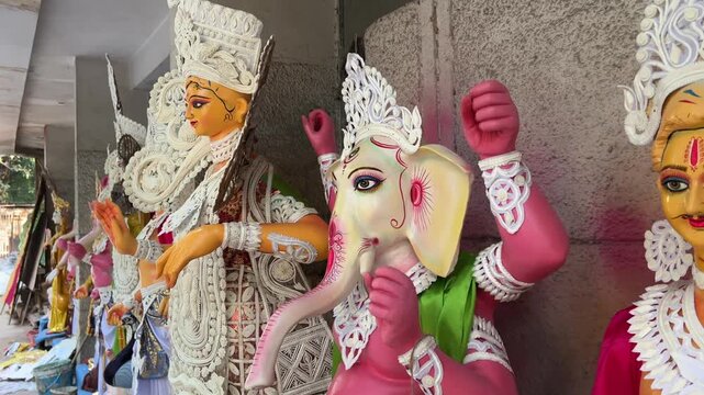 A Shot of Hindu Gods Idols Displayed on Street for Festival Preparation India
