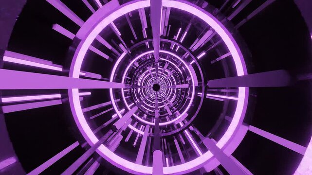 Abstract futuristic tunnel with glowing purple neon rings and radial lines on a dark background, creating an infinite perspective and 3D geometric light effect corridor.