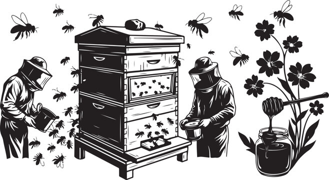 Beekeepers working with beehive and flowers in apiary setting