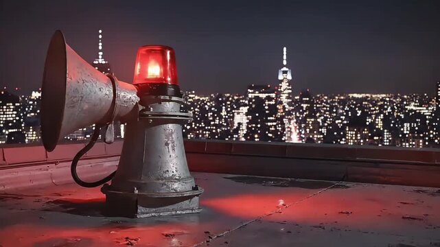 Emergency broadcast system alert on a rooftop with city skyline at night