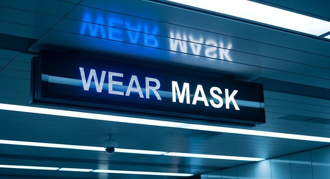 Digital sign displaying 'wear mask' in blue light with face mask with public health with neon lights with public space
