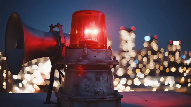 Emergency broadcast system alert siren with flashing red light at night