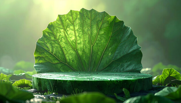 Natural green leaf podium display in a serene outdoor setting with soft light.