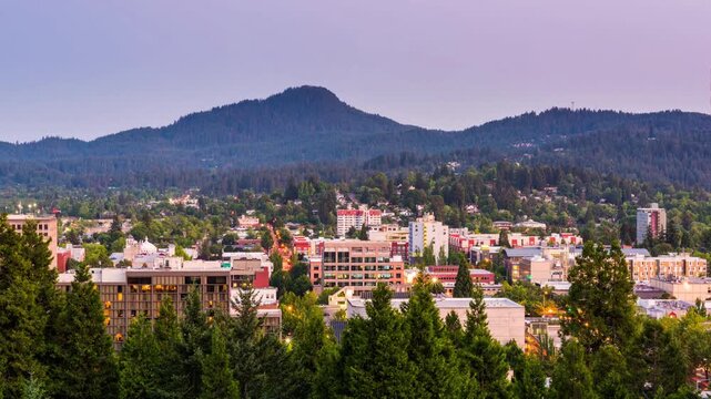 Eugene, Oregon, USA downtown cityscape at dusk 5077