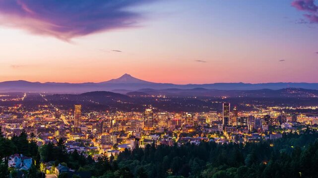 Portland, Oregon downtown city skyline time lapse with Mt. Hood 5076