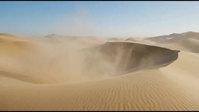 The video showcases a vast desert landscape characterized by expansive sand dunes under a clear sky
