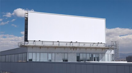 Obraz premium A large blank billboard on top of a modern building with a blue sky