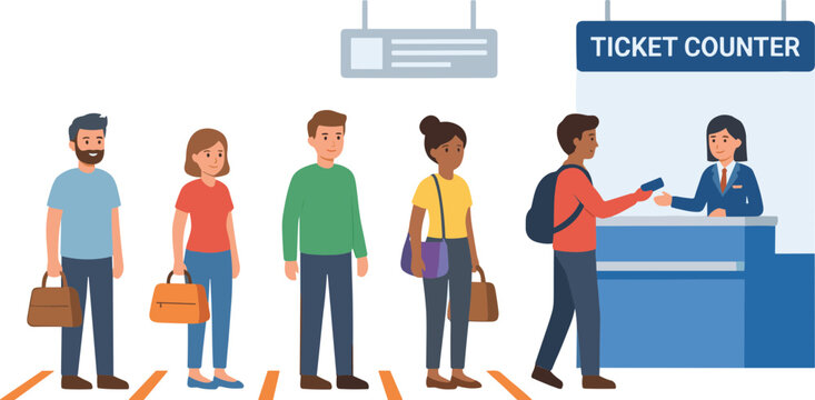 People wait in line at airport ticket counter with luggage