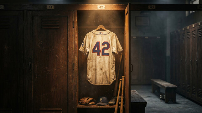 Vintage baseball jersey with number 42 hanging in a dimly lit locker room with wooden lockers, baseball gear, and equipment, nostalgic sports atmosphere perfect for baseball history and sports.