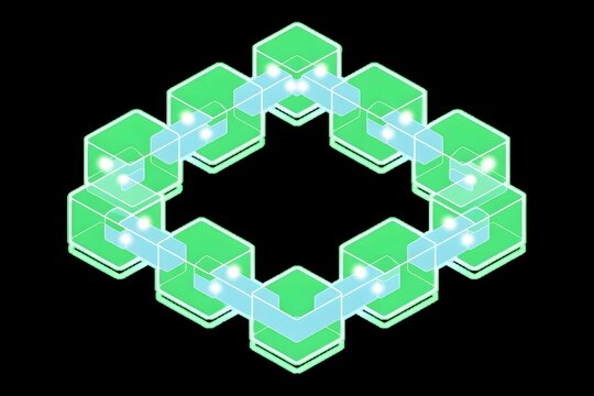Isometric blockchain technology concept, glowing green digital data blocks connected in a loop, futuristic decentralized network illustration on black