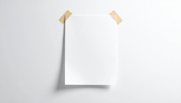 A blank white sheet of paper taped to a white wall with two pieces of beige tape in the top corners, casting a subtle shadow