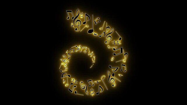 Musical note spiral. Glowing music vortex. Golden melody flow. Artistic audio art. Neon clef design. Radiant sound wave. Musical motion art. Gold notes swirl. Black gold harmony. Creative audio icon.