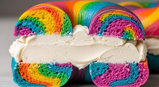 Rainbow bagel sliced in half with a generous layer of creamy white cream cheese filling, showcasing its colorful swirled dough