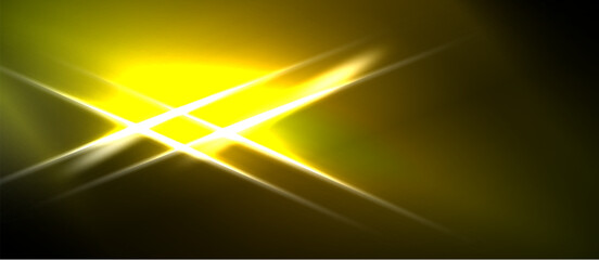 Naklejka premium Bright yellow light streaks cross dark background. Abstract energy radiates, creating dynamic visual effect. Bold contrast defines composition.