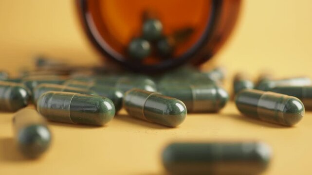 Close up view of green chlorella spirulina capsules in glass bottle on yellow background.