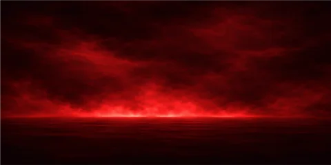 Fototapete Braun Dramatic storm clouds with fire and smoke under a red and black sky illuminated by lightning during a beautiful sunset landscape at dusk  © alien