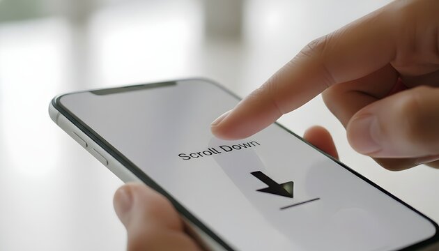 man using smartphone, businessman at airport, Close-up of Hand Using Smartphone with Scroll Down Arrow on Screen