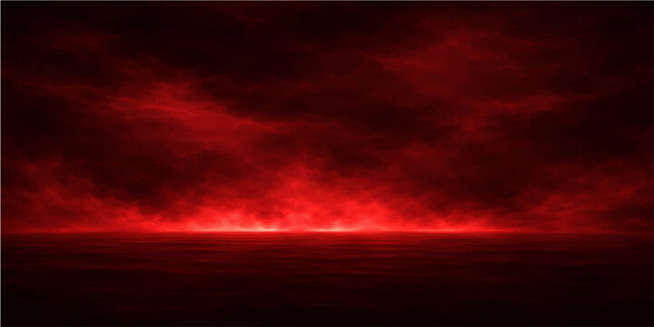 Dramatic storm clouds with fire and smoke under a red and black sky illuminated by lightning during a beautiful sunset landscape at dusk