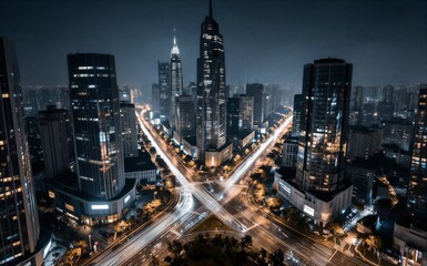 Obraz premium Night city skyline with illuminated skyscrapers and glowing traffic