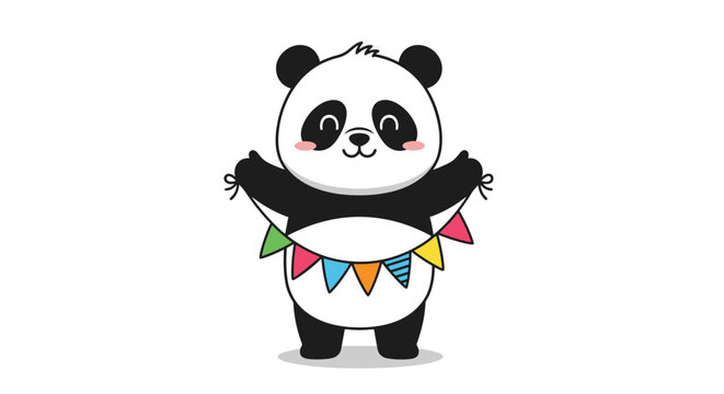 Happy panda bear character stands and holds a colorful triangle bunting banner to celebrate a special occasion on a white background area.